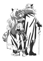 Rule 34 | 1boy, 2girls, animal ear fluff, animal ears, arknights, armband, arms behind back, asymmetrical legwear, black shorts, boots, brother and sister, cabbie hat, cane, cape, cat ears, cat tail, checkered clothes, cliffheart (arknights), full body, fur-trimmed cape, fur trim, gloves, greyscale, hat, highres, infection monitor (arknights), jewelry, long hair, long sleeves, medium hair, midriff, monochrome, multiple girls, navel, pants, pendant, pramanix (arknights), rope, shorts, siblings, silverash (arknights), simple background, single thighhigh, sisters, strapless, sunomono, tail, thighhighs, torn cape, torn clothes, tube top, uneven legwear, vest, white background