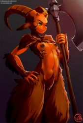 Rule 34 | 1girl, axe, body fur, breasts, claws, demon, demon girl, diablo, diablo (series), diablo 2, diablo 3, fingernails, furry, furry female, goat, goat horns, green eyes, horns, inverted nipples, krokobyaka, monster girl, nipples, nude, small breasts, solo, weapon