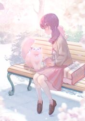 Rule 34 | 1girl, animal, bag, bench, blurry, blurry background, blurry foreground, blush, book, bow, bowtie, branch, brown footwear, brown shirt, bush, cat, cherry blossoms, closed mouth, falling petals, flower, hair ornament, hairclip, highres, holding, holding book, ito haruko, kneehighs, leaf, long hair, long sleeves, looking at animal, low twintails, on bench, original, petals, pink bow, pink bowtie, pink cat, pink eyes, pink flower, pink hair, pink petals, pink sailor collar, pink skirt, pink socks, pink theme, pleated skirt, sailor collar, school bag, shirt, sitting, skirt, socks, spring (season), tree, twintails