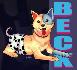 Rule 34 | animal ears, artist name, beck, beck (beck), black fur, blue fur, character name, collar, copyright name, dog, dog ears, dog tail, furry, looking at viewer, maku zoku, multicolored fur, no humans, red collar, shiba inu, stitched face, stitched leg, stitched torso, stitches, tail, tongue, tongue out, white fur, yellow fur