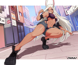 Rule 34 | 1girl, animal ears, artist name, bare shoulders, black footwear, black jacket, black nails, boku no hero academia, bra, breasts, city, clenched hand, dark-skinned female, dark skin, highres, jacket, large breasts, legs, letterboxed, long eyelashes, long hair, looking at viewer, mirko, nail polish, navel, open fly, orouu, outdoors, panties, parted bangs, purple bra, purple panties, rabbit ears, rabbit girl, red eyes, road sign, scratches, shirt, short shorts, shorts, sign, smile, solo, sweat, thick thighs, thighs, toned, torn clothes, underwear, white hair, white shirt