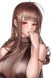 Rule 34 | 1girl, ahoge, armlet, blush, breasts, brown hair, choker, cleavage, dress, dsr-50 (girls&#039; frontline), earrings, gem, girls&#039; frontline, hand to own mouth, jewelry, large breasts, long hair, looking at viewer, monaim, official alternate costume, open mouth, pendant, red eyes, ring, see-through, simple background, sleeveless, sleeveless dress, solo, upper body, wedding band, white background