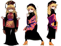 Rule 34 | 1girl, adapted costume, alternate costume, alternate hairstyle, bag, black dress, black hat, blonde hair, brown footwear, casual, chinese clothes, commentary request, contemporary, crescent, dress, earrings, hair between eyes, hair up, handbag, hands up, hat, high heels, highres, holding, holding bag, jewelry, junko (touhou), kikoka (mizuumi), long dress, long hair, long sleeves, multiple views, red eyes, sash, shawl, shoes, simple background, smile, standing, tabard, tassel, touhou, turtleneck, white background, wide sleeves