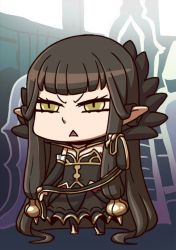 Rule 34 | 1girl, absurdly long hair, april fools, black dress, brown hair, chibi, detached sleeves, dress, fate/grand order, fate (series), long hair, official art, open mouth, pointy ears, riyo (lyomsnpmp), semiramis (fate), sidelocks, solo, triangle mouth, v-shaped eyebrows, very long hair, yellow eyes