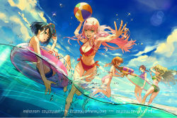 Rule 34 | 5girls, :d, arms up, ass, ball, beachball, bikini, black hair, blue bikini, blue sky, bracelet, braid, breasts, brown hair, bubble, character request, check character, cleavage, cloud, commentary, darling in the franxx, day, deviantart username, dutch angle, english commentary, floating hair, glasses, green bikini, green eyes, hairband, halterneck, hand up, holding, holding ball, holding surfboard, holding water gun, horns, ichigo (darling in the franxx), ikuno (darling in the franxx), innertube, instagram username, jewelry, lens flare, long hair, looking at viewer, medium breasts, miku (darling in the franxx), multiple girls, navel, ocean, one-piece swimsuit, oni horns, open mouth, outdoors, partially submerged, partially underwater shot, pink bikini, pink hair, purple one-piece swimsuit, red-framed eyewear, red bikini, red horns, short hair, sky, smile, splashing, stomach, striped bikini, striped clothes, super soaker, surfboard, swim ring, swimsuit, teeth, underwater, wading, water, water drop, water gun, watermark, web address, white hairband, wind, zero two (darling in the franxx), zzyzzyy