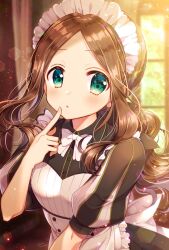 Rule 34 | 1girl, apron, black bow, black dress, blue eyes, blush, bow, breasts, brown hair, dress, fate/grand order, fate (series), forehead, hair bow, highres, leonardo da vinci (fate), leonardo da vinci (fate/grand order), leonardo da vinci (rider) (fate), leonardo da vinci (rider) (second ascension) (fate), long hair, looking at viewer, maid, maid headdress, parted bangs, ponytail, puff and slash sleeves, puffy short sleeves, puffy sleeves, sakura tsubame, short sleeves, small breasts, solo, white apron