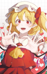 Rule 34 | 1girl, :d, absurdres, ascot, blonde hair, blush, bow, brooch, buttons, cropped torso, crystal, flandre scarlet, frilled shirt collar, frills, grid background, hat, heart, heart background, heart hands, highres, jewelry, looking at viewer, mob cap, multicolored wings, one side up, open mouth, pointy ears, puffy short sleeves, puffy sleeves, red bow, red eyes, red nails, red skirt, red vest, sarukana, shirt, short sleeves, skirt, skirt set, smile, solo, touhou, vest, white hat, wings, yellow ascot