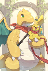 Rule 34 | artist name, clothed pokemon, creatures (company), dragonite, game freak, gen 1 pokemon, highres, holding, holding pokemon, looking at viewer, makoto ikemu, nintendo, no humans, one eye closed, open mouth, pikachu, pokemon, pokemon (creature), pokemon mystery dungeon, red scarf, scarf, watermark