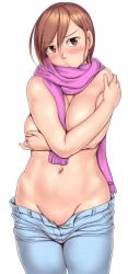 Rule 34 | 1girl, blush, breasts, brown eyes, brown hair, character request, commentary request, copyright request, covering privates, covering breasts, cowboy shot, denim, hair between eyes, head tilt, highres, jeans, large breasts, looking at viewer, navel, orizen, pants, parted lips, pink scarf, scarf, sidelocks, simple background, solo, straight-on, topless, unzipped, white background