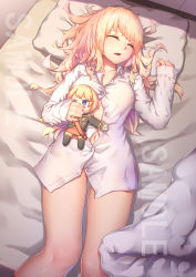 Rule 34 | 1girl, absurdres, bad id, bad pixiv id, bed, bed sheet, blonde hair, bottomless, breasts, character doll, dress shirt, covered erect nipples, gluteal fold, highres, long hair, lying, medium breasts, messy hair, naked shirt, no bra, on back, on bed, open mouth, pillow, ray (pixiv9514208), rodney (warship girls r), shirt, sleeping, solo, warship girls r, watermark, white shirt