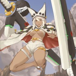Rule 34 | 1girl, absurdres, belt bra, breasts, brown eyes, cape, dark-skinned female, dark skin, enosan, feet, guilty gear, guilty gear xrd, hat, highres, large breasts, long hair, looking at viewer, navel, ramlethal valentine, short shorts, shorts, solo, strap, thigh strap, toes, white hair