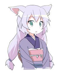 Rule 34 | 1girl, animal ear fluff, animal ears, blush, commentary request, cropped torso, green eyes, hair between eyes, highres, japanese clothes, kimono, long hair, looking at viewer, low twintails, obi, original, parted lips, purple hair, purple kimono, roku no hito, sash, simple background, solo, twintails, upper body, very long hair, white background