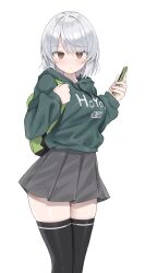 1girl absurdres anby_demara bag black_pantyhose blush cellphone green_sweater grey_skirt highres holding holding_phone light_frown medium_hair orange_eyes pantyhose phone shengtian simple_background skirt smartphone solo sweater white_background white_hair zenless_zone_zero