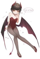 Rule 34 | 1girl, black hair, black pantyhose, blush, brown eyes, closed mouth, collarbone, demon horns, demon tail, demon wings, fingernails, halloween, halloween costume, horns, kantai collection, leotard, long fingernails, nail polish, one-hour drawing challenge, pantyhose, red horns, red leotard, red nails, sharp fingernails, short hair, simple background, smile, solo, speech bubble, strapless, strapless leotard, tail, trick or treat, un&#039;you (kancolle), white background, wings, yamashichi (mtseven), yawata maru (kancolle)