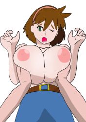 Rule 34 | 1girl, bad tag, blue dress, breasts, denim, dress, grabbing, grabbing another&#039;s breast, green eyes, groping, huge breasts, jane buxton, jeans, looking at viewer, nipples, pants, patapata hikousen no bouken, pov, secret of cerulean sand, shirtless (female), topless