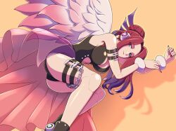 Rule 34 | 1girl, arm belt, armlet, black one-piece swimsuit, breasts, brown hair, chain, cleavage, cleavage cutout, clothing cutout, feathered wings, ferham (mega man), fingernails, highres, ishigaki (sora roxas), large breasts, leg belt, lips, looking at viewer, mega man (series), mega man x (series), mega man x dive, one-piece swimsuit, revealing clothes, robot ears, robot girl, smile, solo, stomach cutout, swimsuit, wings
