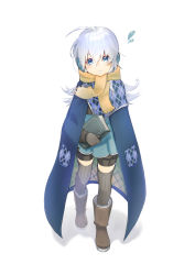 Rule 34 | 1girl, ahoge, black thighhighs, blue eyes, book, boots, brown scarf, cloak, fringe trim, full body, hair between eyes, hieung, holding, holding book, long hair, looking at viewer, mittens, mole, mole under eye, original, parted lips, ribbed legwear, scarf, shorts, simple background, solo, standing, teeth, thighhighs, white background, white hair