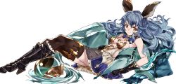 Rule 34 | 1girl, animal ears, black gloves, black thighhighs, blue hair, blue skirt, boots, breasts, brown eyes, cape, claws, dress, erune, ferry (granblue fantasy), gloves, granblue fantasy, high heels, highres, leaning, leaning back, long hair, looking at viewer, luicent, medium breasts, rabbit ears, sideboob, simple background, skirt, smile, solo, thighhighs, wavy hair, white background, zettai ryouiki