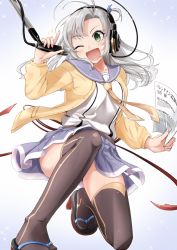 Rule 34 | 10s, 1girl, ;d, ahoge, belt, breasts, brown thighhighs, cable, cardigan, green eyes, grey hair, hair ornament, hair tie, headphones, holding, holding microphone, holding paper, kantai collection, kinugasa (kancolle), kinugasa kai ni (kancolle), large breasts, long hair, long sleeves, microphone, namae hamada, necktie, one eye closed, open mouth, paper, sandals, school uniform, serafuku, skirt, smile, solo, sparkle, thighhighs, tsurime, yellow necktie
