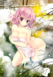 Rule 34 | 1girl, :o, ass, blush, breasts, cleavage, collarbone, covering privates, female focus, lantern, large breasts, looking at viewer, naked towel, nude, nude cover, onsen, partially submerged, pink eyes, pink hair, saigyouji yuyuko, shirogane hina, short hair, snow, solo, touhou, towel, wading, wet