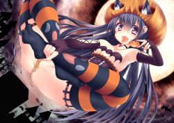 Rule 34 | 1girl, animal ears, bandaid, bandaid on pussy, black hair, bottomless, elbow gloves, fingerless gloves, gloves, halloween, hat, heart, heart-shaped pupils, long hair, original, purple eyes, solo, sukage, symbol-shaped pupils, tattoo, thighhighs