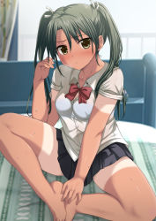 Rule 34 | 10s, 1girl, barefoot, blush, bow, bowtie, breath, brown eyes, collarbone, dark-skinned female, dark skin, feet, feet together, green hair, hair ribbon, hands on feet, kantai collection, long hair, looking at viewer, nijimotohiro k, pleated skirt, ribbon, see-through, shorts tan, sitting, skirt, sleeves rolled up, solo, steam, sweat, tan, tanline, twintails, wet, wet clothes, zuikaku (kancolle)