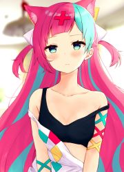 Rule 34 | 1girl, animal ear fluff, animal ears, aqua eyes, aqua hair, bare shoulders, black bra, blurry, blurry background, blush, bra, breasts, cat ears, closed mouth, collarbone, commentary request, cross hair ornament, depth of field, dress, hair ornament, haru (re ilust), highres, kemonomimi mode, long hair, looking at viewer, multicolored hair, pink hair, pinky pop hepburn, single strap, small breasts, solo, sports bra, strap slip, the moon studio, two-tone hair, two side up, underwear, upper body, virtual youtuber, white dress
