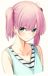 Rule 34 | 1girl, absurdres, blush, borushichi, chiyoda momo, closed mouth, collarbone, green eyes, hair between eyes, hair ornament, highres, looking at viewer, machikado mazoku, pink hair, short hair, simple background, solo, twintails, upper body, white background