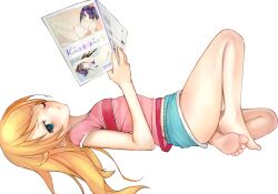 Rule 34 | 1girl, aqua eyes, aqua shorts, bare legs, barefoot, blush, book, closed mouth, commentary, dizzy (nadecola9), dolphin shorts, english commentary, feet, from side, frown, full body, hair ornament, hair spread out, hairclip, hand up, highres, holding, holding book, kissxsis, knee up, kousaka kirino, long hair, looking at viewer, lying, on back, one eye closed, open book, orange hair, ore no imouto ga konna ni kawaii wake ga nai, pink shirt, shirt, short sleeves, shorts, simple background, soles, solo, thighs, toes, white background