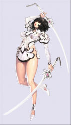Rule 34 | 1girl, bare legs, black hair, breasts, brown eyes, curly hair, dual wielding, full body, high heels, highres, holding, huge weapon, hyulla, impossible clothes, katana, laces, large breasts, lips, looking at viewer, original, shoes, simple background, solo, sword, thighs, weapon
