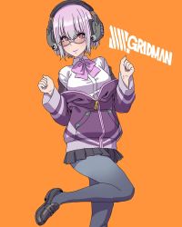 Rule 34 | 10s, 1girl, black pantyhose, bow, breasts, collared shirt, commentary request, glasses, gridman universe, headphones, highres, jacket, light purple hair, loafers, long sleeves, looking at viewer, looking over eyewear, looking over glasses, medium breasts, off shoulder, orange-tinted eyewear, orange-tinted glasses, pantyhose, purple jacket, red eyes, school uniform, shinjou akane, shirt, shoes, short hair, skirt, smile, solo, ssss.gridman, standing, standing on one leg, sunglasses, tinted eyewear, white shirt, yamashita shun&#039;ya, yellow-tinted eyewear, yellow-tinted glasses