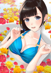 Rule 34 | 1girl, bad id, bad pixiv id, bathtub, bikini, black hair, blue bikini, blue eyes, blunt bangs, breasts, cleavage, flower, hami (hami-gerden), hands up, highres, long hair, looking at viewer, medium breasts, o-ring, open mouth, original, partially submerged, petals, ponytail, smile, solo, swimsuit, upper body, water, wet