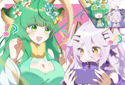 Rule 34 | &gt; &lt;, 2girls, ahoge, animal ears, antlers, breasts, cellphone, cleavage, closed eyes, closed mouth, commentary, deer ears, dress, english commentary, flower, green dress, green eyes, green hair, grey hair, hair between eyes, hair flower, hair ornament, hair ribbon, hairpin, haruka karibu, henya the genius, henya the genius (1st costume), highres, holding, holding phone, horns, keshi273, large breasts, long bangs, long hair, multiple girls, musical note, open mouth, phone, purple dress, purple ribbon, reindeer antlers, reindeer girl, ribbon, sleeveless, sleeveless dress, smartphone, smile, two side up, vshojo, vshojo idol uniform (candy pop), yellow eyes, zipper, zipper pull tab
