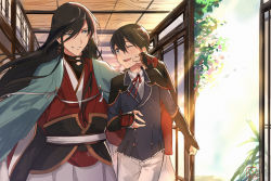 Rule 34 | 10s, 2boys, architecture, black hair, blue eyes, braid, cape, double-breasted, earrings, east asian architecture, grin, hand on another&#039;s face, horikawa kunihiro, izumi-no-kami kanesada, japanese clothes, jewelry, male focus, multiple boys, one eye closed, open mouth, side braid, sliding doors, smile, touken ranbu, ume (plumblossom)