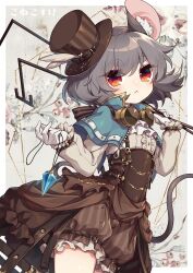 Rule 34 | 1girl, :&lt;, adapted costume, animal ears, blue capelet, brown dress, brown hat, buttons, capelet, center frills, closed mouth, cowboy shot, dowsing rod, dress, frills, gloves, grey hair, hat, highres, jewelry, kozakura (dictionary), long sleeves, mouse ears, mouse tail, nazrin, pendant, red eyes, shirt, short hair, solo, tail, thick eyebrows, top hat, touhou, white gloves, white shirt