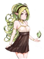 Rule 34 | 1girl, ahoge, alternate costume, bare shoulders, black hairband, blush, breasts, bridal gauntlets, circlet, cleavage, collar, cropped legs, detached sleeves, fire emblem, fire emblem awakening, floating, floating object, gem, green gemstone, hairband, leatzche, long hair, long sleeves, looking at viewer, nintendo, nowi (fire emblem), parted bangs, pointy ears, ponytail, purple eyes, simple background, small breasts, solo, spaghetti strap, standing, very long hair, white background