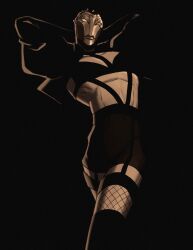 Rule 34 | 1boy, arms behind head, black background, black shorts, black theme, black thighhighs, commentary, english commentary, feet out of frame, fishnet thighhighs, fishnets, high-waist shorts, highres, jhin, konstatin (konstatinart), league of legends, male focus, mask, monochrome, muscular, muscular male, pectoral cleavage, pectorals, shorts, simple background, smile, solo, standing, thighhighs