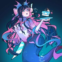 Rule 34 | 1girl, :o, black background, blue background, blue eyes, blue hair, blush, breasts, bubble, cake, cake slice, cottonwings, food, gradient background, holding, holding weapon, large breasts, long hair, looking to the side, mermaid, monster girl, multicolored hair, open mouth, panty &amp; stocking with garterbelt, pink hair, plate, serious, simple background, source request, stocking (psg), sword, transformation, two-tone hair, underwater, weapon