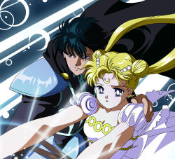 Rule 34 | 1boy, 1girl, anime coloring, armor, bishoujo senshi sailor moon, bishoujo senshi sailor moon r, black hair, blonde hair, blue eyes, chiba mamoru, crescent, crescent facial mark, derashine, detached sleeves, double bun, earrings, endymion, facial mark, forehead mark, hair bun, jewelry, long hair, official style, outstretched arms, princess serenity, short hair, short sleeves, stud earrings, tsukino usagi, twintails