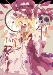 Rule 34 | 1girl, :d, @ @, alternate costume, ambiguous red liquid, blonde hair, bloomers, bow, bowtie, commentary, crystal, dress, fangs, flandre scarlet, food, frilled dress, frills, full body, hand on own face, hat, hat bow, heart, highres, holding, holding skull, ice cream, knees up, leg strap, legs together, medium hair, nikorashi-ka, one eye closed, one side up, open mouth, purple dress, purple eyes, purple footwear, red bow, shoes, skull, smile, solo, teeth, top hat, touhou, underwear, waist bow, white hat, wide sleeves, wings, wrist cuffs, yellow bow