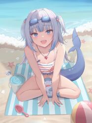 Rule 34 | 1girl, bare arms, bare shoulders, beach, bikini, bloop (gawr gura), blue eyes, blue hair, blunt bangs, blush, breasts, bucket, bucket of water, commentary, dchiang, english commentary, eyewear on head, fins, fish tail, full body, gawr gura, grey hair, hair ornament, highres, hololive, hololive english, indian style, long hair, looking at viewer, multicolored hair, navel, open mouth, outdoors, seashell, shark girl, shark hair ornament, shark tail, sharp teeth, shell, shovel, sidelocks, sitting, small breasts, solo, streaked hair, striped bikini, striped clothes, swimsuit, tail, teeth, two side up, v arms, virtual youtuber, water, white bikini