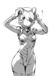 Rule 34 | 00s, 10s, 1girl, animal ears, armpits, bandages, bodysuit, bracer, breasts, cat ears, cowboy shot, daison, evangelion: 2.0 you can (not) advance, evangelion: 3.0 you can (not) redo, eyepatch, fake animal ears, greyscale, hair between eyes, hands on headwear, hands up, helmet, legs together, looking at viewer, monochrome, neon genesis evangelion, parted lips, pilot suit, plugsuit, rebuild of evangelion, simple background, small breasts, solo, souryuu asuka langley, standing, sweatdrop, tape, thigh gap, turtleneck