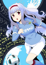 Rule 34 | 1girl, ball, barclays premier league, breasts, clothes writing, hairband, highres, idolmaster, idolmaster (classic), large breasts, long hair, manchester city, manchester city fc, open mouth, red eyes, shijou takane, shorts, silver hair, soccer ball, soccer uniform, solo, sportswear, taka shida