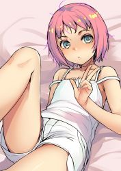 Rule 34 | 1girl, blue eyes, blue nails, character request, female focus, flat chest, highres, looking at viewer, lying, nail polish, on back, on bed, pink hair, short hair, short shorts, shorts, sody, solo, thighs, v, white shorts