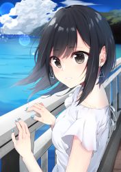 Rule 34 | 1girl, absurdres, black hair, blue nails, blue sky, breasts, cloud, cloudy sky, collarbone, commentary request, day, dress, earrings, fingernails, floating hair, grey eyes, hair between eyes, hands up, highres, hijouguti, jewelry, long hair, looking at viewer, looking to the side, nail polish, ocean, original, outdoors, parted lips, railing, short sleeves, sky, small breasts, smile, solo, upper body, water, white dress