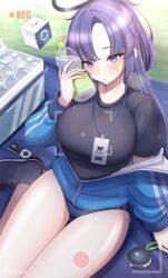 Rule 34 | 1girl, absurdres, blue archive, blush, bottle, cube, grass, gym uniform, highres, id card, laxiusart, looking at viewer, purple eyes, purple hair, shoes, sitting, solo, star (symbol), stopwatch, sweat, watch, water bottle, yuuka (blue archive), yuuka (track) (blue archive)