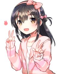 Rule 34 | 1girl, :d, black hair, blush, bow, brown hair, camisole, collarbone, commentary request, copyright request, double v, fingernails, hair between eyes, hair bow, hairband, hibiki ao, ichihaya, long hair, long sleeves, one side up, open mouth, pink bow, pink hairband, shirt, simple background, sleeves past wrists, smile, solo, striped clothes, striped shirt, upper body, v, virtual youtuber, white background, white camisole