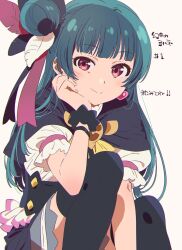 Rule 34 | 1girl, blue hair, closed mouth, commentary, earrings, feather hair ornament, feathers, genjitsu no yohane, hair bun, hair ornament, head rest, heart, heart earrings, highres, jewelry, long hair, looking at viewer, love live!, love live! sunshine!!, pink eyes, single side bun, sitting, smile, solo, split mouth, thighhighs, tokira nozumi, translated, tsushima yoshiko, white background, yohane (genjitsu no yohane)