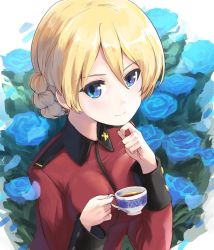 Rule 34 | 1girl, blonde hair, blue eyes, blue flower, blue rose, braid, breasts, buchikaki, cup, darjeeling (girls und panzer), finger to own chin, flower, french braid, girls und panzer, hair between eyes, jacket, looking at viewer, medium breasts, red jacket, rose, short hair, smile, solo, st. gloriana&#039;s military uniform, teacup, upper body