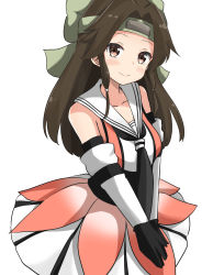 Rule 34 | 1girl, aikawa ryou, bare shoulders, black gloves, black neckwear, blush, bow, brown dress, brown eyes, brown hair, closed mouth, collarbone, commentary request, dress, elbow gloves, gloves, green bow, hair bow, hairband, highres, jintsuu (kancolle), jintsuu kai ni (kancolle), kantai collection, long hair, looking at viewer, parted bangs, sailor collar, sailor dress, sidelocks, simple background, sleeveless, sleeveless dress, smile, solo, very long hair, white background, white sailor collar
